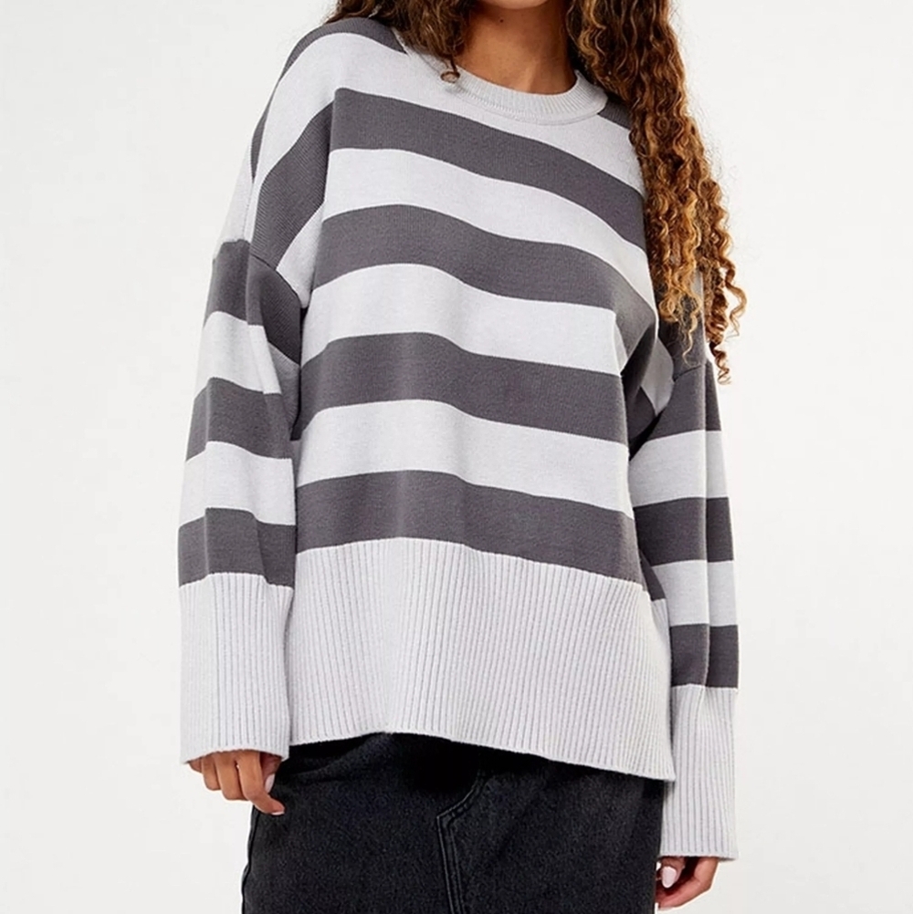 Pacsun Kendall & Kylie Evvie Gray Striped Ribbed Knit Fall Oversized Sweater